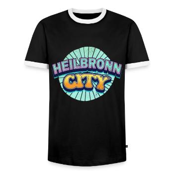 Heilbronn Germany City Font Pop Art Comic - Men's Ringer Shirt - black/white - Front - AI Model Female 172 light (172cm) & AI Model Male 178 light (178cm)