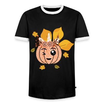 Unicorn Pumpkin Fall Thanksgiving Season Autumn - Men's Ringer Shirt - black/white - Front - AI Model Female 172 light (172cm) & AI Model Male 178 light (178cm)