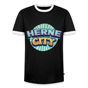 Herne Germany City Font Pop Art Comic - Men's Ringer Shirt - black/white - Front - AI Model Female 172 light (172cm) & AI Model Male 178 light (178cm)