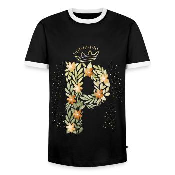 Monogramm Buchstabe P mit Krone, florales Ornament - Männer Kontrast-T-Shirt - Schwarz/Weiß - Vorne - AI Model Female 172 light (172cm) & AI Model Male 178 light (178cm)