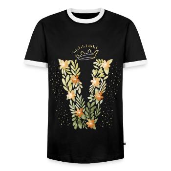 Monogramm Buchstabe V mit Krone, florales Ornament - Männer Kontrast-T-Shirt - Schwarz/Weiß - Vorne - AI Model Female 172 light (172cm) & AI Model Male 178 light (178cm)