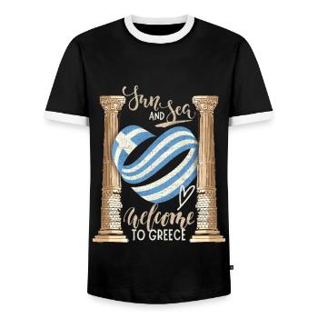 Greece, Sun and Sea Ancient Ruins - Men's Ringer Shirt - black/white - Front - AI Model Female 172 light (172cm) & AI Model Male 178 light (178cm)