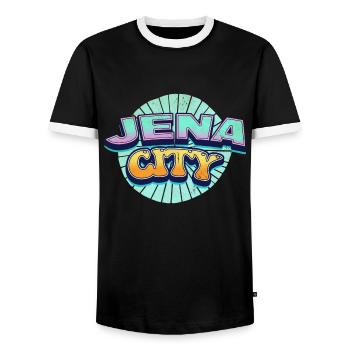 Jena Germany City Font Pop Art Comic - Men's Ringer Shirt - black/white - Front - AI Model Female 172 light (172cm) & AI Model Male 178 light (178cm)