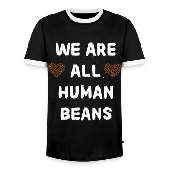 We are all human beans. Trends. Unic - Men's Ringer Shirt - black/white - Front - AI Model Female 172 light (172cm) & AI Model Male 178 light (178cm)