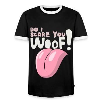 Woof! Funny saying for dog owners Halloween - Men's Ringer Shirt - black/white - Front - AI Model Female 172 light (172cm) & AI Model Male 178 light (178cm)