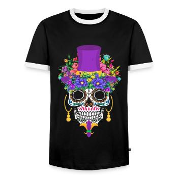 Mardi Gras Costume Dia De Los Muertos Flower Sugar - Men's Ringer Shirt - black/white - Front - AI Model Female 172 light (172cm) & AI Model Male 178 light (178cm)