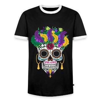 Mardi Gras Costume El Dia De Los Muertos Flower - Men's Ringer Shirt - black/white - Front - AI Model Female 172 light (172cm) & AI Model Male 178 light (178cm)