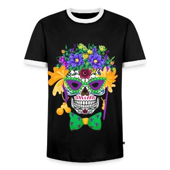 Mardi Gras Costume Flower Sugar Dia De Los Muertos - Men's Ringer Shirt - black/white - Front - AI Model Female 172 light (172cm) & AI Model Male 178 light (178cm)
