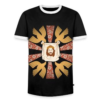 Jésus-Christ, drap, chrétien, colombes de paix - T-shirt contrasté Homme - noir/blanc - Devant - AI Model Female 172 light (172cm) & AI Model Male 178 light (178cm)