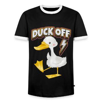 Comic duck, funny saying Duck-Off, Pun - Men's Ringer Shirt - black/white - Front - AI Model Female 172 light (172cm) & AI Model Male 178 light (178cm)