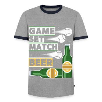 Tennis Quote Game Set Match, Beer Funny Quote - Men's Ringer Shirt - grey/navy  - Front - AI Model Female 172 light (172cm) & AI Model Male 178 light (178cm)