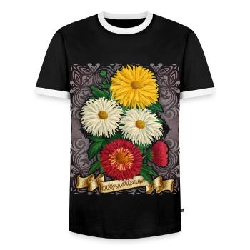 Vintage chrysanthemum flower botanical illustration - Men's Ringer Shirt - black/white - Front - AI Model Female 172 light (172cm) & AI Model Male 178 light (178cm)