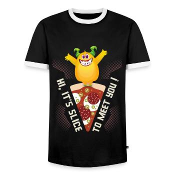 Lustige Pizza, Pizza-Ecke, Slice-To-Meet-You, Pun - Männer Kontrast-T-Shirt - Schwarz/Weiß - Vorne - AI Model Female 172 light (172cm) & AI Model Male 178 light (178cm)