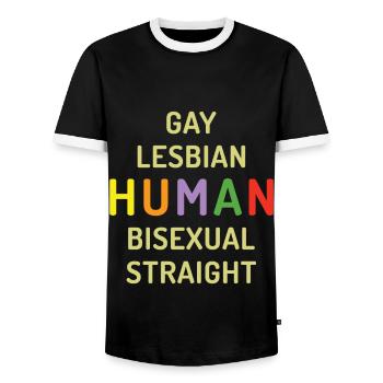 Humanity Human LGBTQ Rainbow LGBT Pride Month - Men's Ringer Shirt - black/white - Front - AI Model Female 172 light (172cm) & AI Model Male 178 light (178cm)