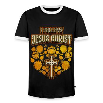 Jesus Christ, vintage folk art, cross, saying - Men's Ringer Shirt - black/white - Front - AI Model Female 172 light (172cm) & AI Model Male 178 light (178cm)