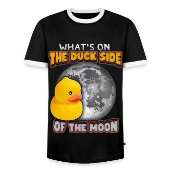 Comic Ente, Gummiente lustiger Spruch mit Mond - Männer Kontrast-T-Shirt - Schwarz/Weiß - Vorne - AI Model Female 172 light (172cm) & AI Model Male 178 light (178cm)