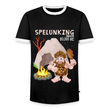 Spelunking, speleology, Neanderthal saying - Men's Ringer Shirt - black/white - Front - AI Model Female 172 light (172cm) & AI Model Male 178 light (178cm)