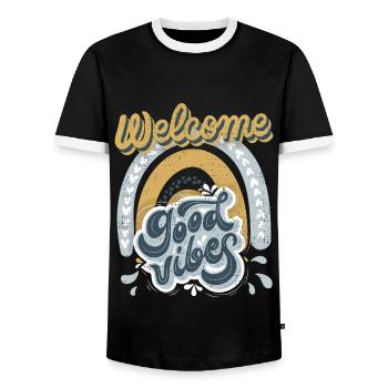 Welcome-Good-Vibes, Retro-Vintage Design Saying - Men's Ringer Shirt - black/white - Front - AI Model Female 172 light (172cm) & AI Model Male 178 light (178cm)