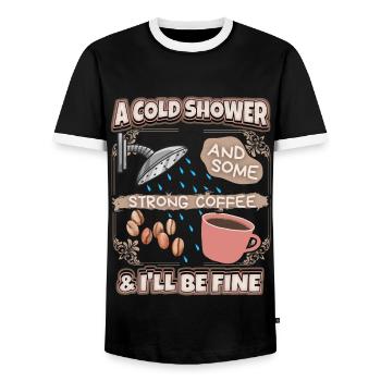 Hangover strong coffee and shower funny saying - Men's Ringer Shirt - black/white - Front - AI Model Female 172 light (172cm) & AI Model Male 178 light (178cm)