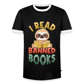 I Read Banned Book Sloth Book Lover Reader Read - Men's Ringer Shirt - black/white - Front - AI Model Female 172 light (172cm) & AI Model Male 178 light (178cm)
