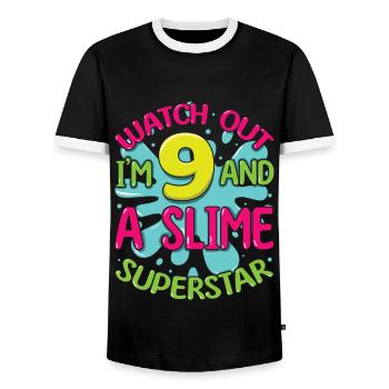 Age 9 Year Old Kids Slime Lover Awesome Slime Star - Men's Ringer Shirt - black/white - Front - AI Model Female 172 light (172cm) & AI Model Male 178 light (178cm)