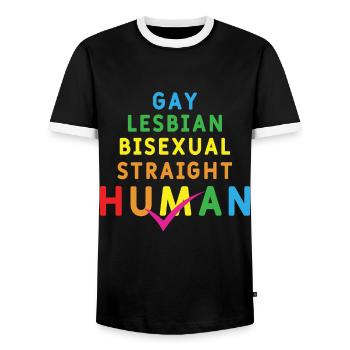 Human Everyone Rainbow Gay Pride LGBT Pride Month - Men's Ringer Shirt - black/white - Front - AI Model Female 172 light (172cm) & AI Model Male 178 light (178cm)