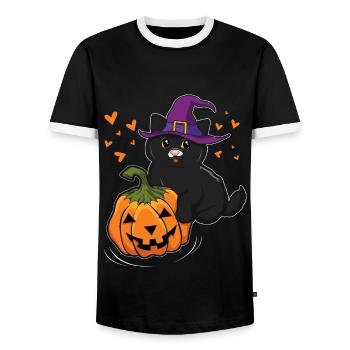 Witch Cat In Pumpkin Cool Creepy Halloween - Men's Ringer Shirt - black/white - Front - AI Model Female 172 light (172cm) & AI Model Male 178 light (178cm)
