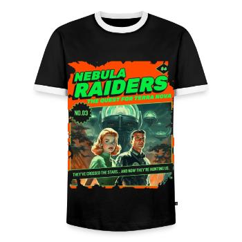 Nebula Raiders, 50er, 1950 Comic, Weltall Weltraum - Männer Kontrast-T-Shirt - Schwarz/Weiß - Vorne - AI Model Female 172 light (172cm) & AI Model Male 178 light (178cm)
