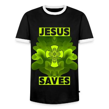 Jesus Christ, Christian Cross, Jesus Saves - Men's Ringer Shirt - black/white - Front - AI Model Female 172 light (172cm) & AI Model Male 178 light (178cm)