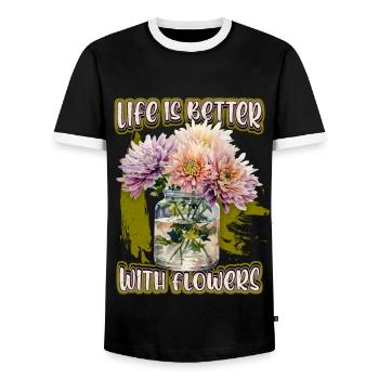 Chrysanthemum, Vintage Botanical Flowers in Jar - Men's Ringer Shirt - black/white - Front - AI Model Female 172 light (172cm) & AI Model Male 178 light (178cm)