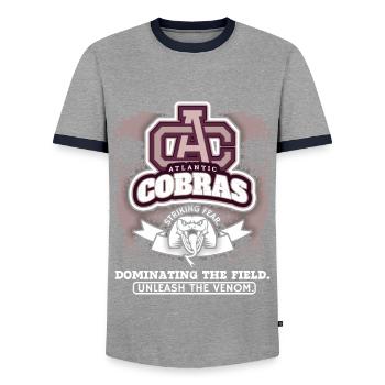 Baseball, Kobras Club Logo, Baseballclub Spruch - Männer Kontrast-T-Shirt - Grau/Navy  - Vorne - AI Model Female 172 light (172cm) & AI Model Male 178 light (178cm)