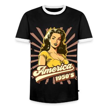 America USA 1950s, Pinup, Rock'n'Roll - Men's Ringer Shirt - black/white - Front - AI Model Female 172 light (172cm) & AI Model Male 178 light (178cm)