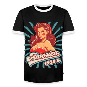 Pin-up, Rock'n'Roll, 1950er Jahre, Amerika, USA - Männer Kontrast-T-Shirt - Schwarz/Weiß - Vorne - AI Model Female 172 light (172cm) & AI Model Male 178 light (178cm)