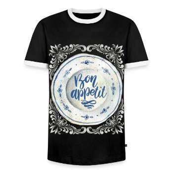 Cook and Cook, Saying Antique Plate Typography - Men's Ringer Shirt - black/white - Front - AI Model Female 172 light (172cm) & AI Model Male 178 light (178cm)