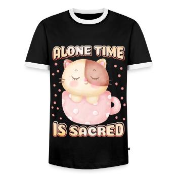 Introvert, cute cat in coffee cup, saying - Men's Ringer Shirt - black/white - Front - AI Model Female 172 light (172cm) & AI Model Male 178 light (178cm)