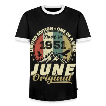 Juni 1951 Geburtstagsgeschenk Juni 1951 Juni 1951 - Männer Kontrast-T-Shirt - Schwarz/Weiß - Vorne - AI Model Female 172 light (172cm) & AI Model Male 178 light (178cm)