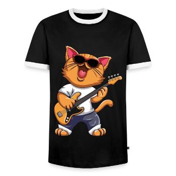 Lustige Musikerkatze E-Gitarreninstrumente - Männer Kontrast-T-Shirt - Schwarz/Weiß - Vorne - AI Model Female 172 light (172cm) & AI Model Male 178 light (178cm)