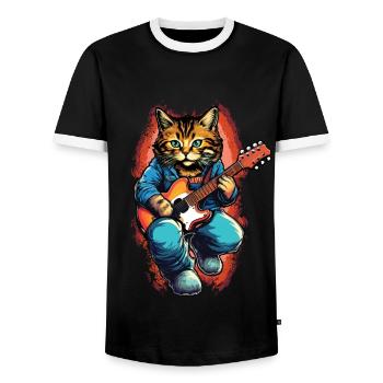 Kawaii Katze Spielt Gitarre Instrumente Rock Niedlich - Männer Kontrast-T-Shirt - Schwarz/Weiß - Vorne - AI Model Female 172 light (172cm) & AI Model Male 178 light (178cm)