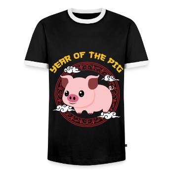 Year Of The Pig Kawaii Zodiac Chinese New Year - Men's Ringer Shirt - black/white - Front - AI Model Female 172 light (172cm) & AI Model Male 178 light (178cm)