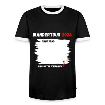 Wander Tour 2024 Berge Klettern T-Shirt - Männer Kontrast-T-Shirt - Schwarz/Weiß - Vorne - AI Model Female 172 light (172cm) & AI Model Male 178 light (178cm)