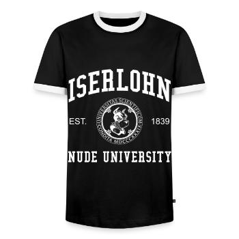 Iserlohn Nude University Universität Hochschule - Männer Kontrast-T-Shirt - Schwarz/Weiß - Vorne - AI Model Female 172 light (172cm) & AI Model Male 178 light (178cm)