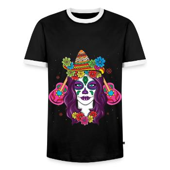 Colorful Calavera with Flowers and Sombrero - Men's Ringer Shirt - black/white - Front - AI Model Female 172 light (172cm) & AI Model Male 178 light (178cm)