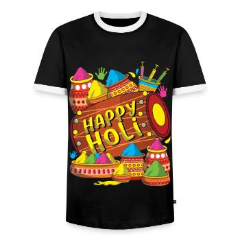 Happy Holi Festival Colorful Powder and Drum - Men's Ringer Shirt - black/white - Front - AI Model Female 172 light (172cm) & AI Model Male 178 light (178cm)