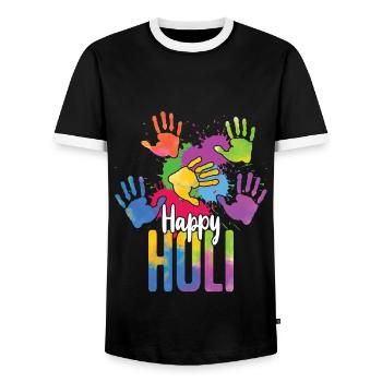 Happy Holi Festival Colorful Handprints - Men's Ringer Shirt - black/white - Front - AI Model Female 172 light (172cm) & AI Model Male 178 light (178cm)