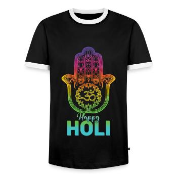 Festival Holi : Happy Holi Hamsa Hand Design - T-shirt contrasté Homme - noir/blanc - Devant - AI Model Female 172 light (172cm) & AI Model Male 178 light (178cm)
