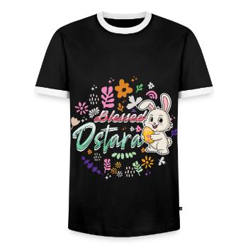 Ostara Cheerful Bunny with Flowers - Men's Ringer Shirt - black/white - Front - AI Model Female 172 light (172cm) & AI Model Male 178 light (178cm)