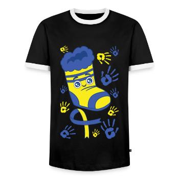 Chaussettes et empreintes de mains heureuses pour le syndrome de Down - T-shirt contrasté Homme - noir/blanc - Devant - AI Model Female 172 light (172cm) & AI Model Male 178 light (178cm)