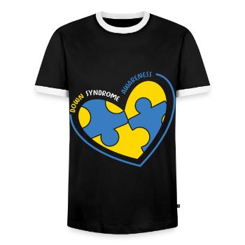 Down Syndrome Awareness Heart Puzzle - Men's Ringer Shirt - black/white - Front - AI Model Female 172 light (172cm) & AI Model Male 178 light (178cm)