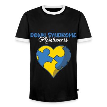 Down Syndrome Awareness Heart Puzzle - Men's Ringer Shirt - black/white - Front - AI Model Female 172 light (172cm) & AI Model Male 178 light (178cm)