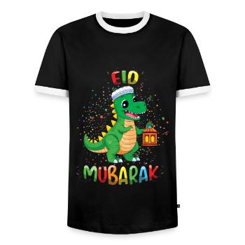 Eid Mubarak Dinosaur Lantern Celebration - Men's Ringer Shirt - black/white - Front - AI Model Female 172 light (172cm) & AI Model Male 178 light (178cm)